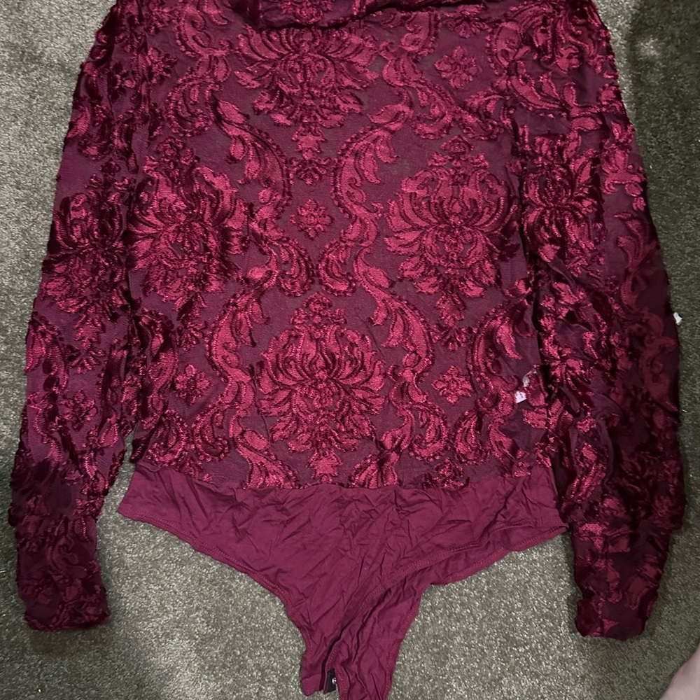 Fashion Nova Red Embellished Long Sleeve Bodysuit